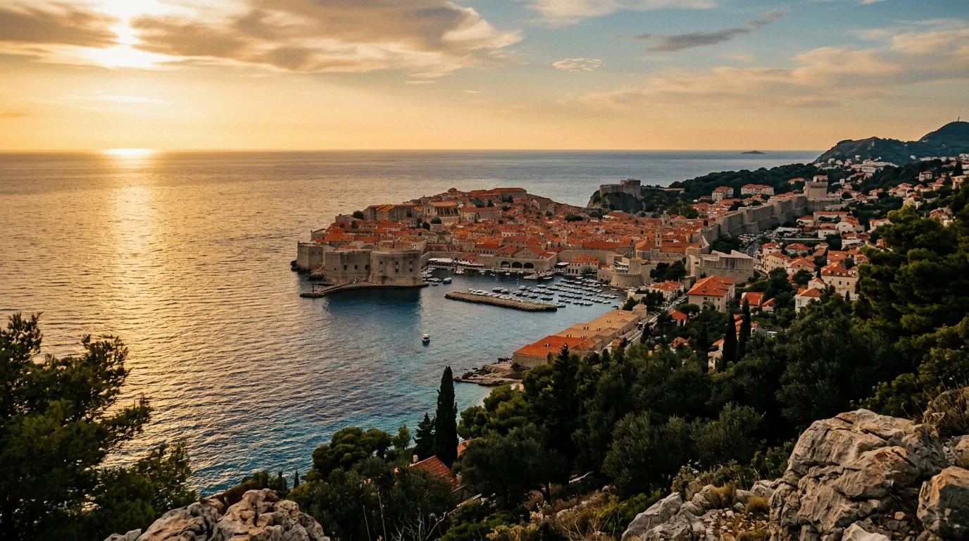 Widok z wyspy Lokrum na mury Dubrownika i stary port, czerwone dachy w cieniu twierdzy Lovrijenac, Adriatyk w złocie późnego popołudnia, warm golden-hour Mediterranean light, sandstone-indigo-terracotta palette, painterly cinematic, no text, no watermarks, no people