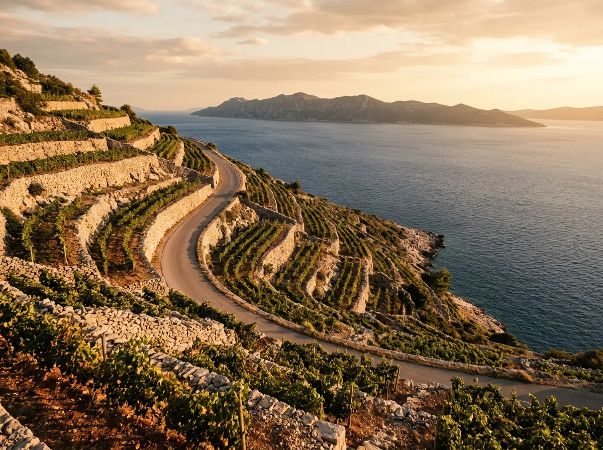 Drogą D414 przez winnice Dingač na Pelješcu, kamienne terasy z winogronami schodzące stromo do Adriatyku, kanał Pelješki i wyspa Korčula na horyzoncie, late afternoon, warm golden-hour Mediterranean light, sandstone-indigo-terracotta palette, cinematic, no text, no watermarks, no people