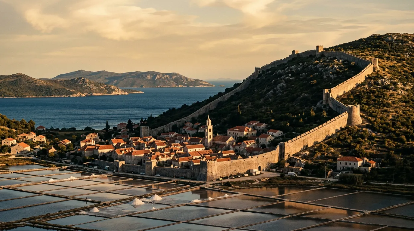 Mury obronne Stonu biegnące po zboczu wzgórza nad miasteczkiem, saliny na pierwszym planie, czerwone dachy i dzwonnica kościoła, Adriatyk i wyspa Korčula na horyzoncie, late afternoon, warm golden-hour Mediterranean light, sandstone-indigo-terracotta palette, painterly cinematic, no text, no watermarks, no people
