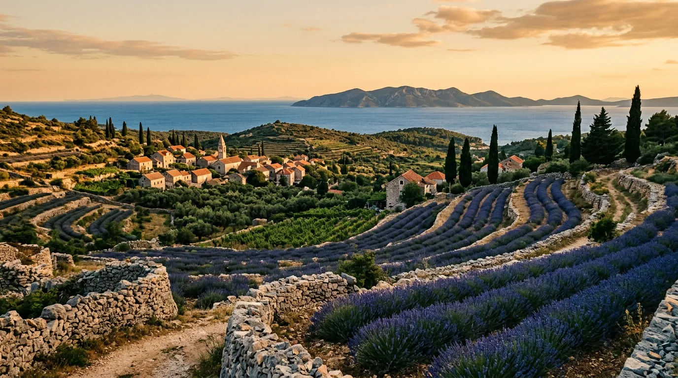 Lawendowe pola wioski Velo Grablje na wyspie Hvar w czerwcu, kamienne suche mury, cyprysy, Adriatyk i wyspy Brač na horyzoncie, warm golden-hour Mediterranean light, sandstone-indigo-terracotta palette, painterly cinematic, no text, no watermarks, no people