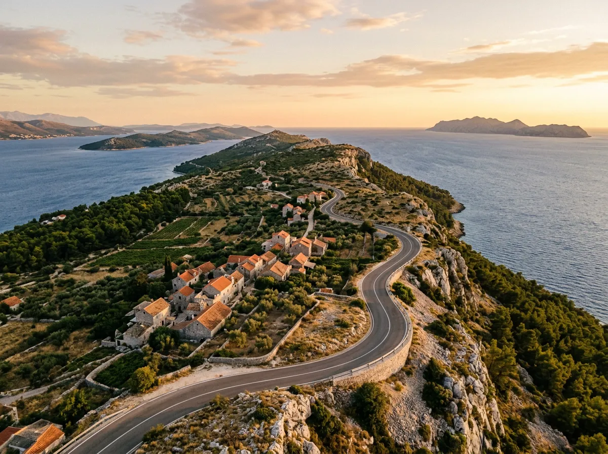 Droga 116 przez grzbiet wyspy Hvar, serpentyny przez kamienne wsie i lasy sosnowe, Adriatyk widoczny z obu stron, wyspy Brač i Vis w tle, late afternoon, warm golden-hour Mediterranean light, sandstone-indigo-terracotta palette, cinematic, no text, no watermarks, no people