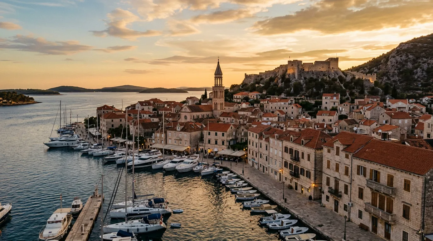 Port Hvar Town o zachodzie słońca, weneckie kamienice i dzwonnica katedry św. Stefana, jachty w zatoce, twierdza Španjola na wzgórzu, late afternoon, warm golden-hour Mediterranean light, sandstone-indigo-terracotta palette, painterly cinematic, no text, no watermarks, no people
