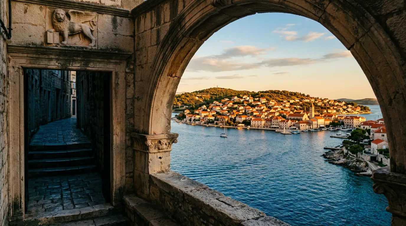 Widok przez wenecki kamienny portal w Trogirze na Adriatyk i wyspę Čiovo, kamienne schody w cieniu, czerwone dachy w złocie późnego popołudnia, warm golden-hour Mediterranean light, sandstone-indigo-terracotta palette, cinematic