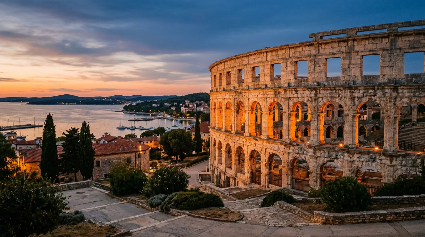 Amfiteatr rzymski w Puli w wieczornym świetle, kamienne łuki na tle Adriatyku, pomarańczowe oświetlenie arkad, Istria południowa w tle, late afternoon, warm golden-hour Mediterranean light, sandstone-indigo-terracotta palette, painterly cinematic, no text, no watermarks, no people