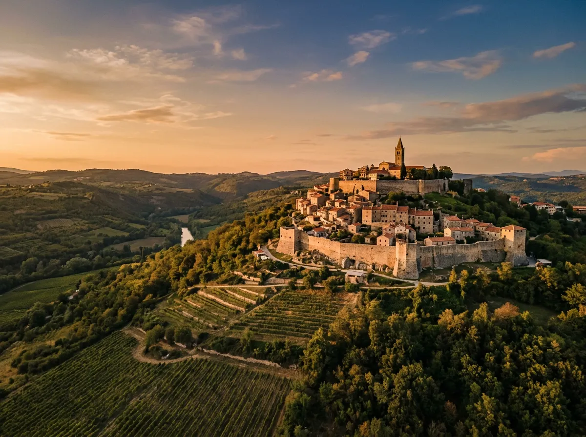 Motovun na wzgórzu o zachodzie słońca, kamienne mury i dzwonnica kościoła, winnice i dębowe lasy ze truflami w dole, Istria środkowa, late afternoon, warm golden-hour Mediterranean light, sandstone-indigo-terracotta palette, painterly cinematic, no text, no watermarks, no people