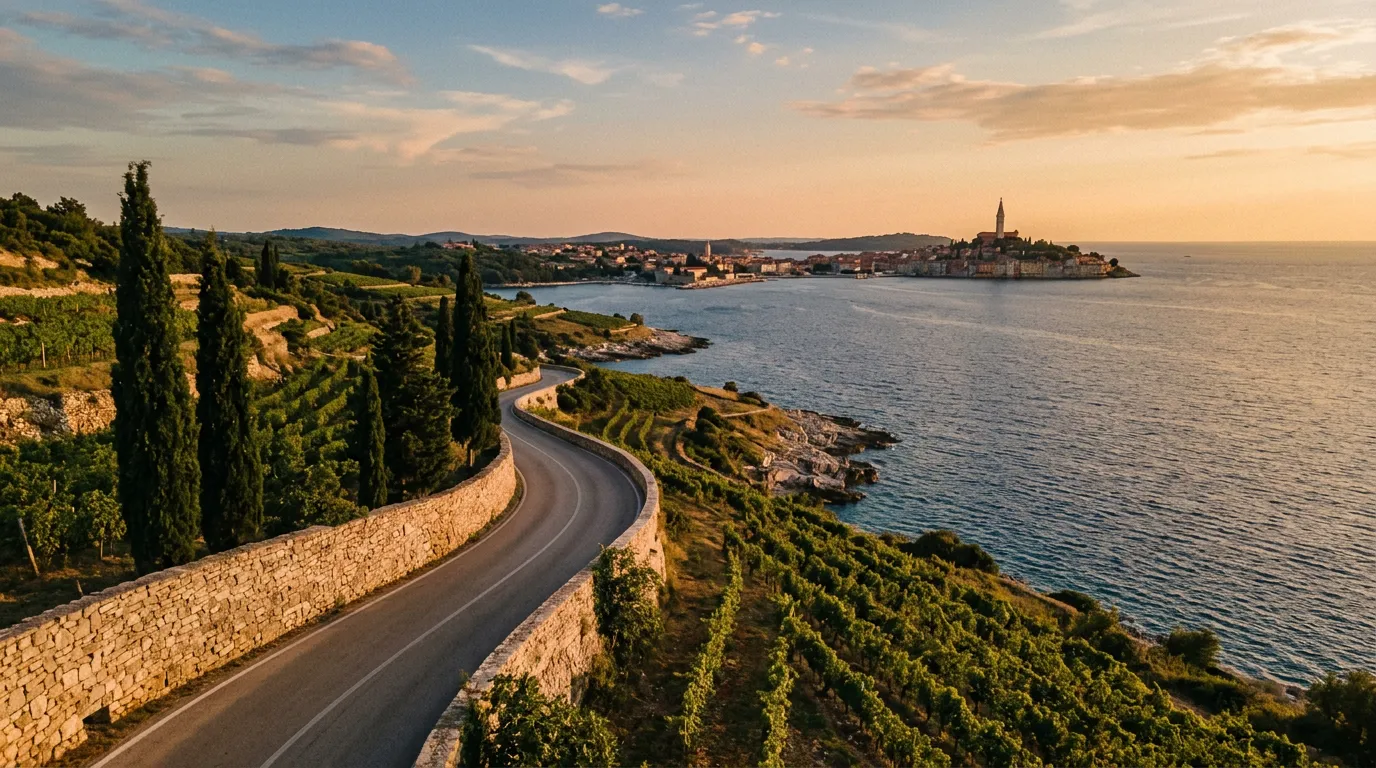 Droga 21 wzdłuż zachodniego wybrzeża Istrii koło Vrsar, kamienne mury, cyprysy i winnice schodzące do Adriatyku, odległy Rovinj na horyzoncie, evening, warm golden-hour Mediterranean light, sandstone-indigo-terracotta palette, painterly cinematic, no text, no watermarks, no people