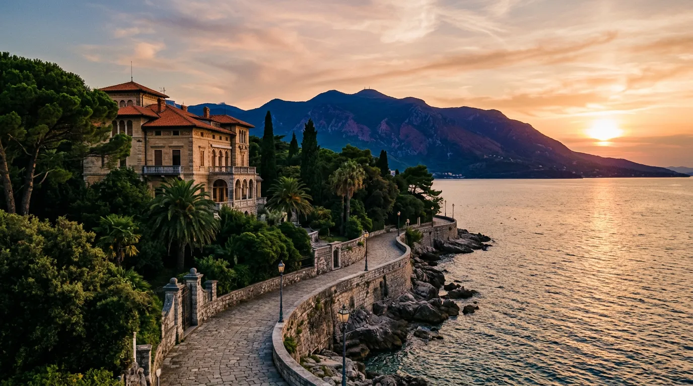Nadmorski deptak Lungomare w Opatiji o zachodzie słońca, willa belle époque z parkiem Angiolina, Adriatyk i masyw Učka w tle, late afternoon, warm golden-hour Mediterranean light, sandstone-indigo-terracotta palette, painterly cinematic, no text, no watermarks, no people