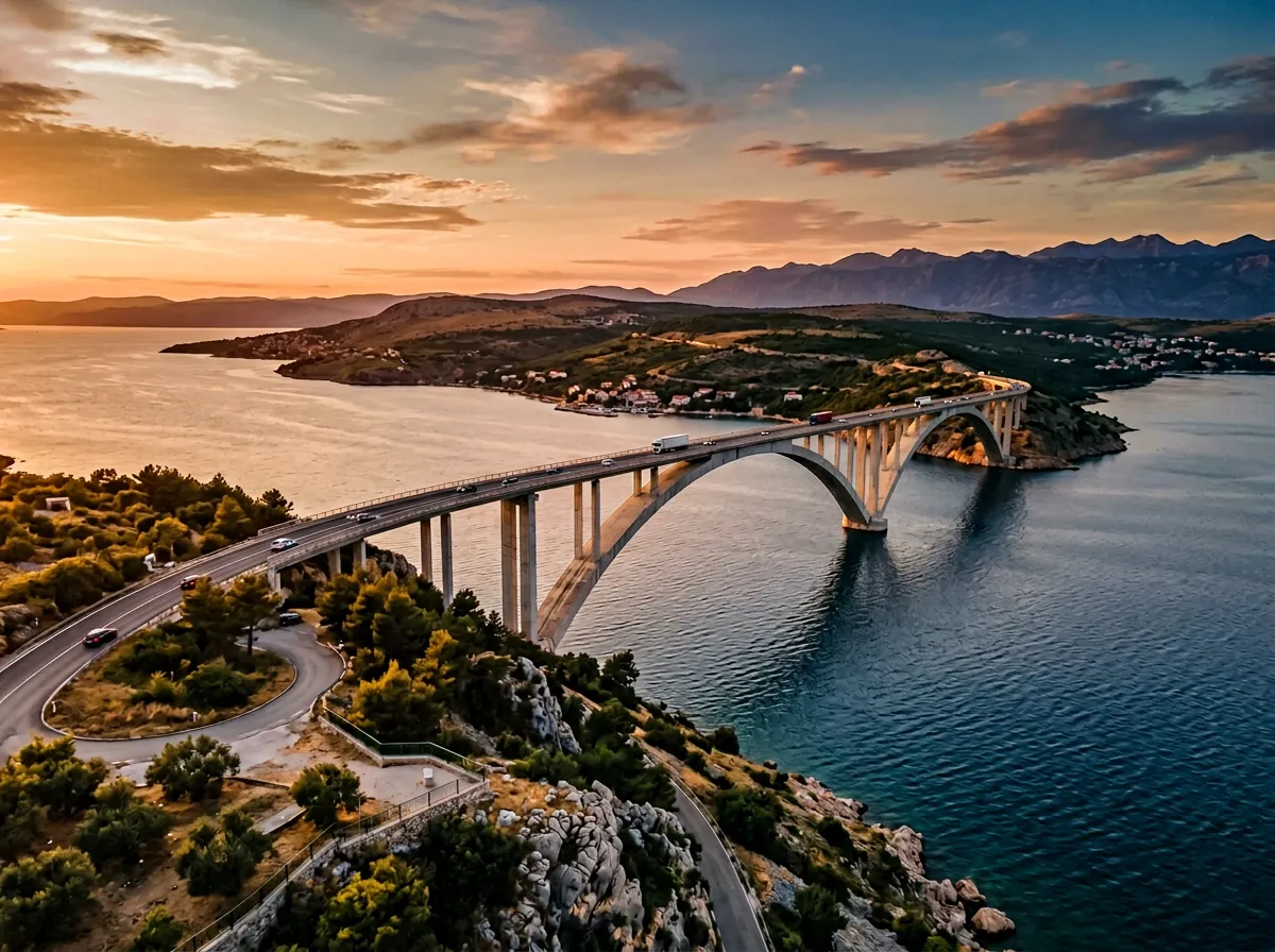 Most Krk o zachodzie słońca, trzy wielkie betonowe łuki nad cieśniną, wyspa Krk w głębi, masyw Učka na horyzoncie, late afternoon, warm golden-hour Mediterranean light, sandstone-indigo-terracotta palette, cinematic, no text, no watermarks, no people