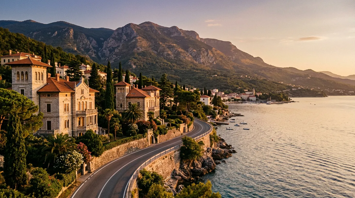 Droga D66 wzdłuż wybrzeża Kvarneru między Opatiją a Lovran, kamienne wille belle époque, morze Adriatyckie i masyw Učka w tle, evening, warm golden-hour Mediterranean light, sandstone-indigo-terracotta palette, painterly cinematic, no text, no watermarks, no people
