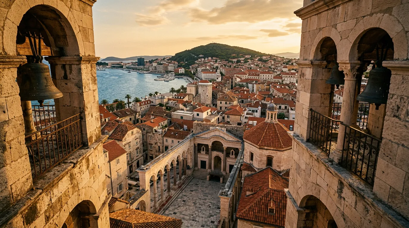 Widok z kamiennej dzwonnicy katedry św. Duje w Splicie na Peristyl Dioklecjana, kolumny w cieniu, nadbrzeże Riva i góra Marjan w tle, późne popołudnie, warm golden-hour Mediterranean light, sandstone-indigo-terracotta palette, painterly cinematic, no text, no watermarks, no people