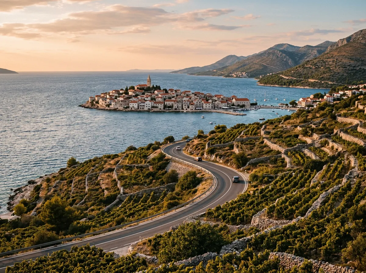 Drogą D8 wzdłuż zatoki Kaštelańskiej, w oddali Primošten na półwyspie z białymi kamiennymi domami i dzwonnicą św. Juraja, winnice Babić na zboczach, Adriatyk w tle, late afternoon, warm golden-hour Mediterranean light, sandstone-indigo-terracotta palette, cinematic, no text, no watermarks, no people