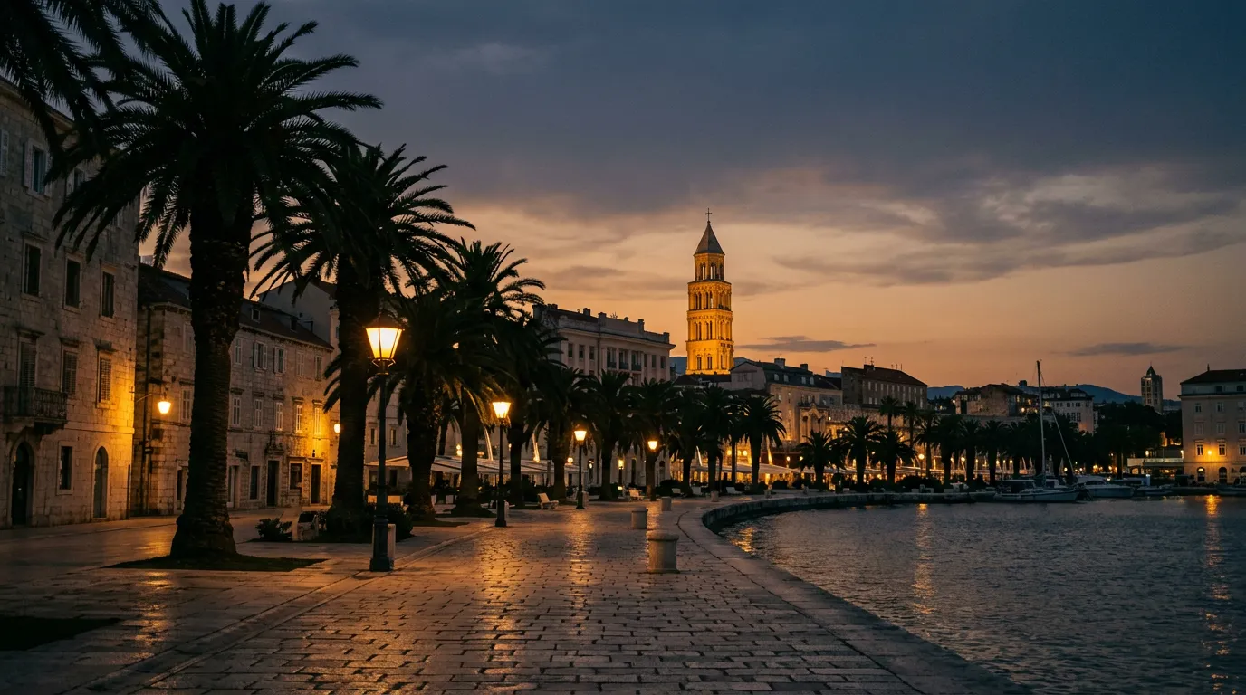 Nadbrzeże Riva w Splicie o zmierzchu, palmy w cieniu, dzwonnica katedry św. Duje w ciepłym świetle, Dalmatyński kamień oświetlony latarniami, Adriatyk w tle, evening, warm golden-hour Mediterranean light, sandstone-indigo-terracotta palette, painterly cinematic, no text, no watermarks, no people