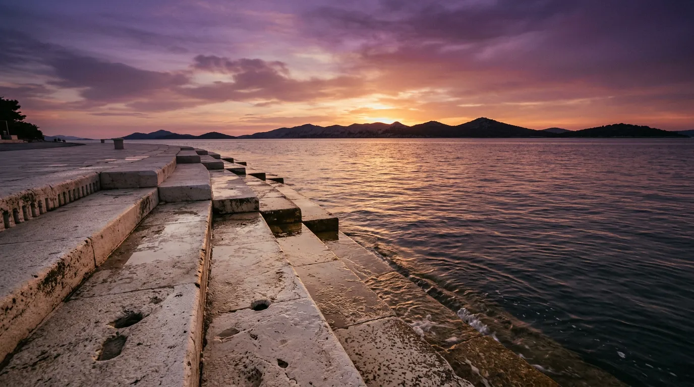 Morskie Organy w Zadarze, kamienne schody schodzące do Adriatyku, zachód słońca nad Pag i wyspami, fioletowe niebo, warm golden-hour Mediterranean light, sandstone-indigo-terracotta palette, painterly cinematic, no text, no watermarks, no people