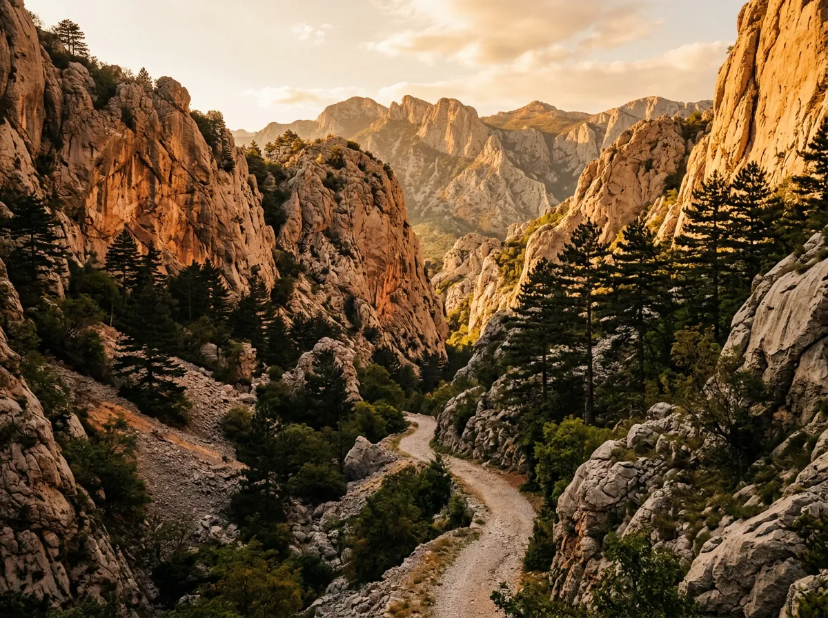 Kanion Velika Paklenica pod szczytami Velebitu, wapienne urwiska pomarańczowe w świetle popołudnia, sosny na zboczach, szlak prowadzący w głąb kanionu, late afternoon, warm golden-hour Mediterranean light, sandstone-indigo-terracotta palette, cinematic, no text, no watermarks, no people