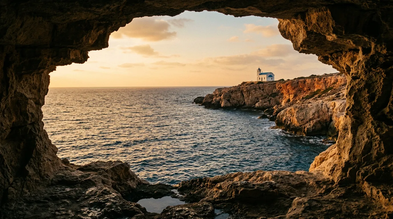 Widok przez kamienną jaskinię morską Cape Greco na otwarte Morze Śródziemne z białą kapliczką Agioi Anargyroi na klifie w złotym wrześniowym świetle, sandstone-indigo-terracotta palette, cinematic
