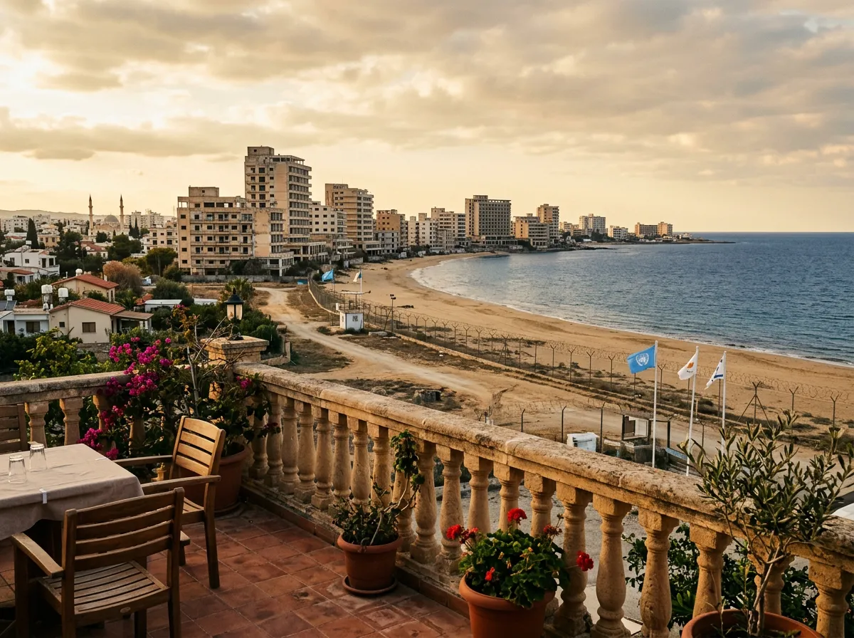 Widok z tarasu w Dherynii na puste plaże i opuszczone hotele Varoshy w Famaguscie z zieloną linią granicy ONZ w tle, popołudniowe światło, sandstone-indigo-terracotta palette, cinematic