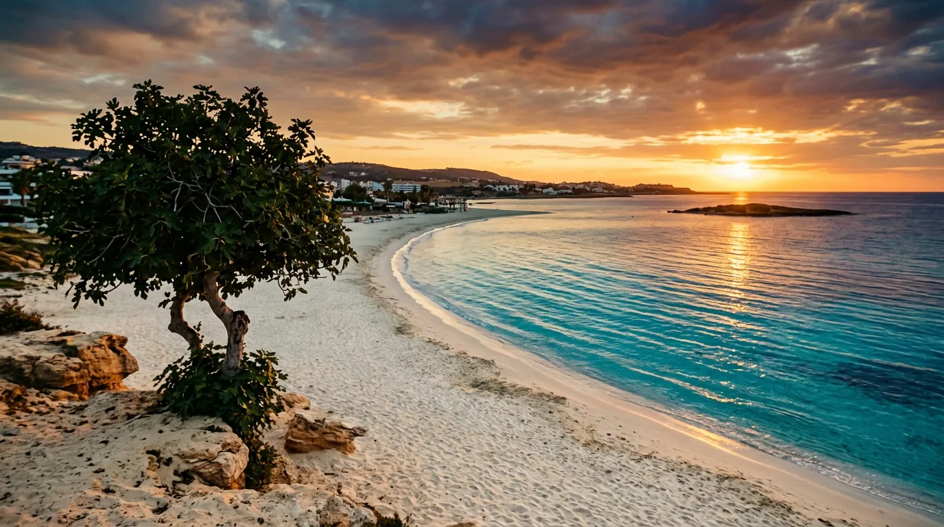 Fig Tree Bay w Protaras o zachodzie słońca z długą plażą białego piasku, figowcem na brzegu i turkusową wodą w tle, sandstone-indigo-terracotta palette, cinematic