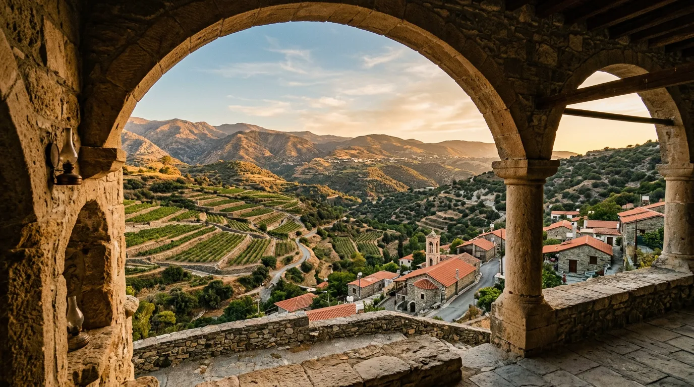 Widok z kamiennej arkady cypryjskiej cerkwi w Paleo Chorio na doliny Troodos z tarasami winnic i kamiennymi wsiami w złotej godzinie, sandstone-indigo-terracotta palette, cinematic