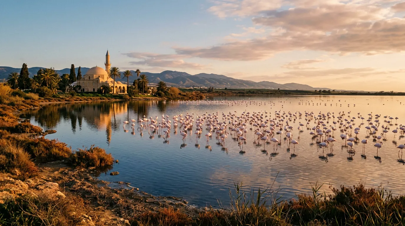 Widok na solne jezioro Larnaki z flamingami i starą arabską meczetem Hala Sultan Tekke w lutowym złotym popołudniu, sandstone-indigo-terracotta palette, cinematic