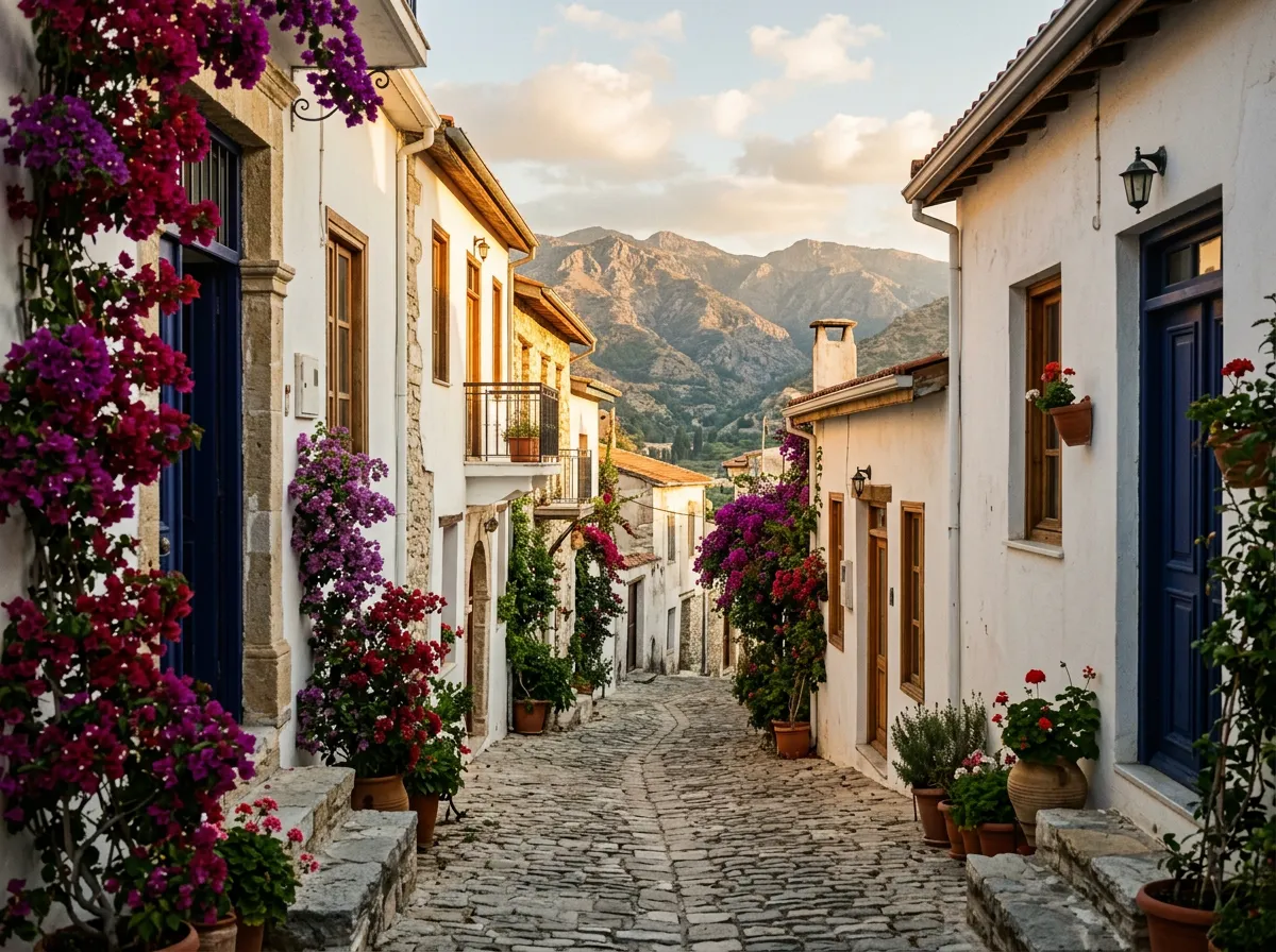 Wąska brukowa uliczka w Pano Lefkara z białymi domami, donicami bougainvilli i widokiem na wzgórza Troodos w tle, późne popołudnie, sandstone-indigo-terracotta palette, cinematic