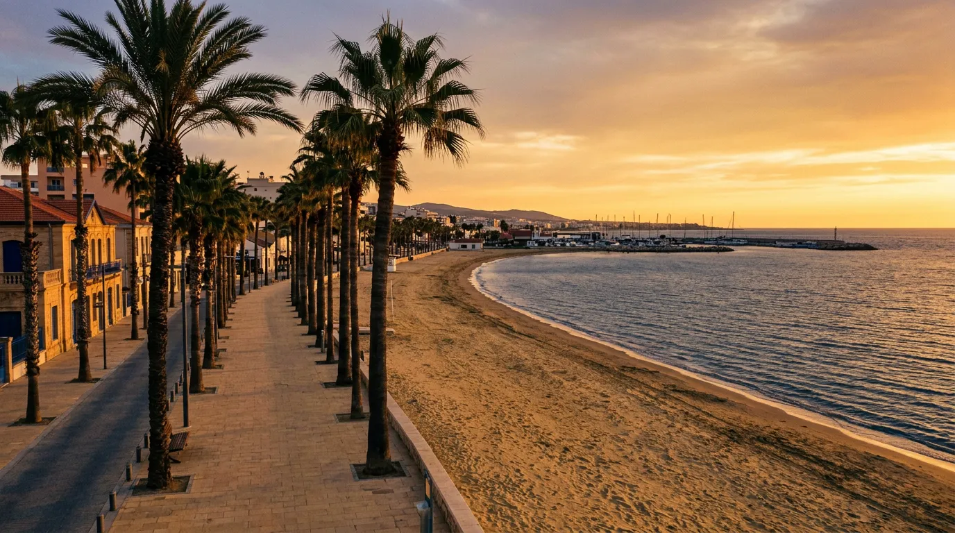 Promenada Finikoudes w Larnace z palmami, długą plażą i widokiem na zatokę, złoto-czerwone światło przed zachodem słońca, rowery i spacerujący w tle, sandstone-indigo-terracotta palette, cinematic