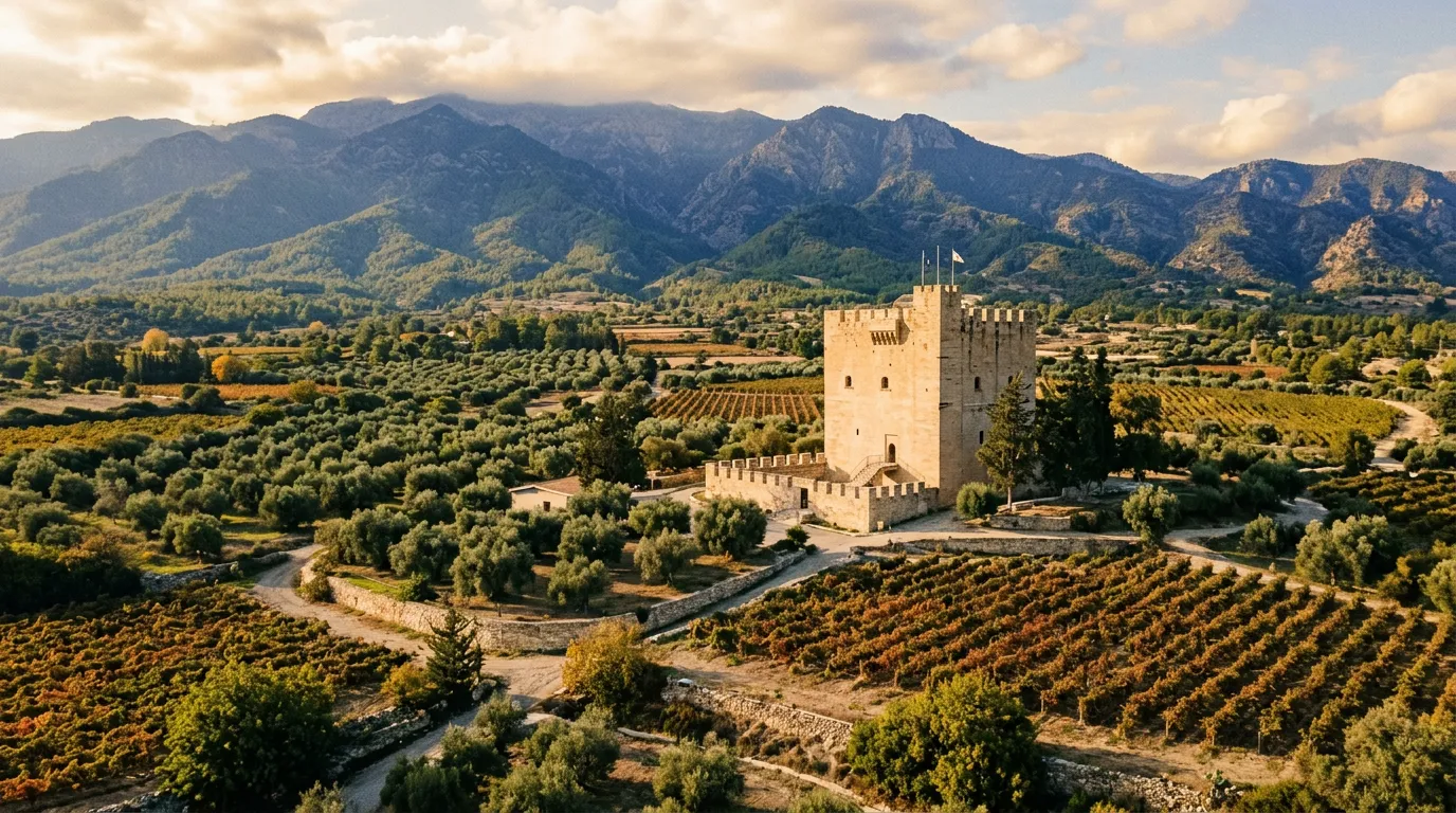 Widok na średniowieczny zamek Kolossi otoczony gajami oliwnymi i winnicami z górami Troodos w tle, październikowe popołudniowe światło, sandstone-indigo-terracotta palette, cinematic