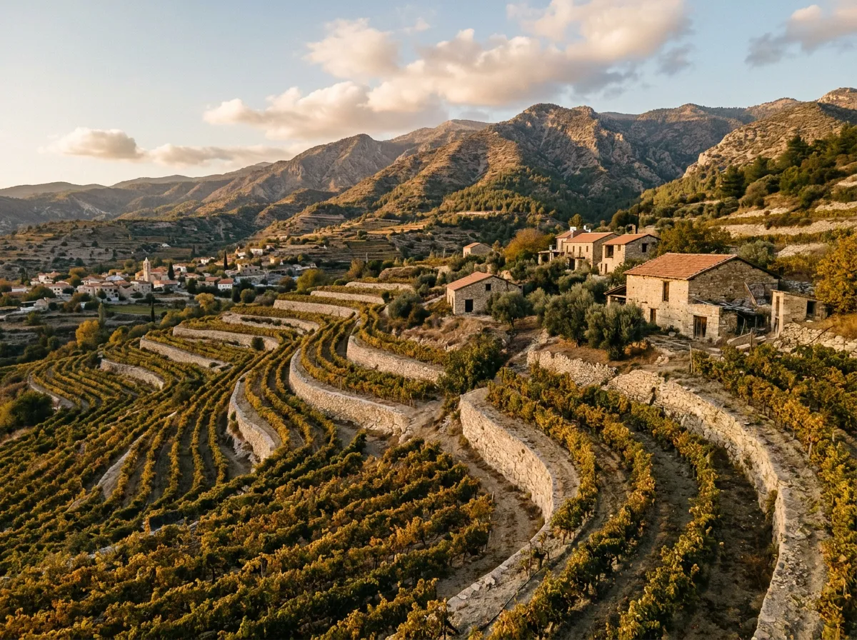 Tarasowe winnice Commandarii w Omodos pod zboczami Troodos w ciepłym październikowym świetle, kamienne stodoły w tle, sandstone-indigo-terracotta palette, cinematic