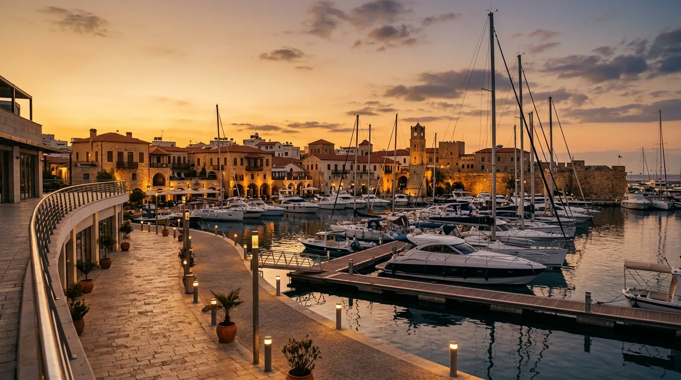 Marina Limassol o zachodzie słońca z jachtami, nowoczesną promenadą i starymi kamiennymi budynkami portu w tle, sandstone-indigo-terracotta palette, cinematic