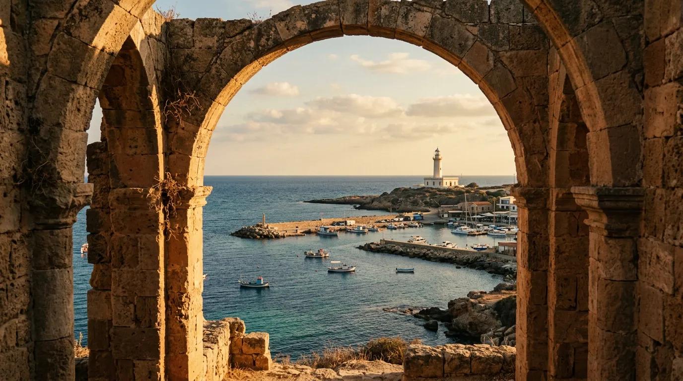Widok przez kamienną arkadę ruin Kato Pafos na zatokę z latarnią morską i antycznym portem w ciepłym popołudniowym świetle, sandstone-indigo-terracotta palette, cinematic