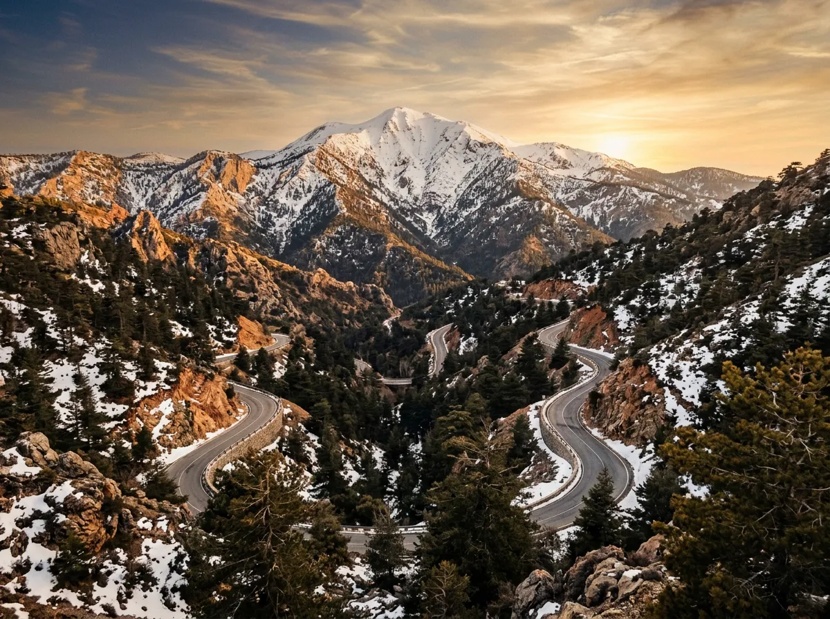 Droga B8 pnąca się serpentynami przez sosnowy las Troodos w stronę Mt Olimpos ze skałami pokrytymi śniegiem w marcowym złotym świetle, sandstone-indigo-terracotta palette, cinematic