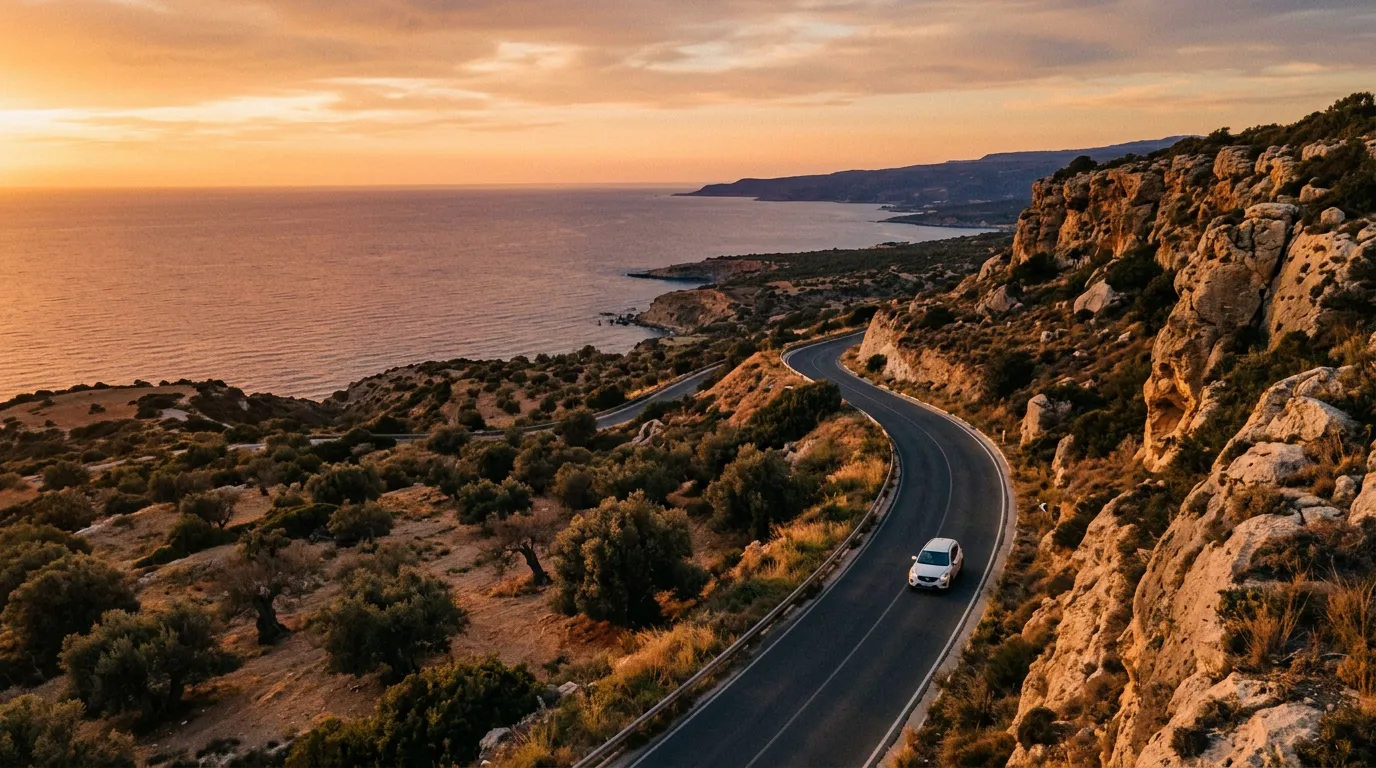 Droga B7 prowadząca przez suche gaje oliwne i wapienne klify Akamas przy zachodzie słońca, pojedynczy biały SUV na asfalcie, widok na otwarte Morze Śródziemne, sandstone-indigo-terracotta palette, cinematic