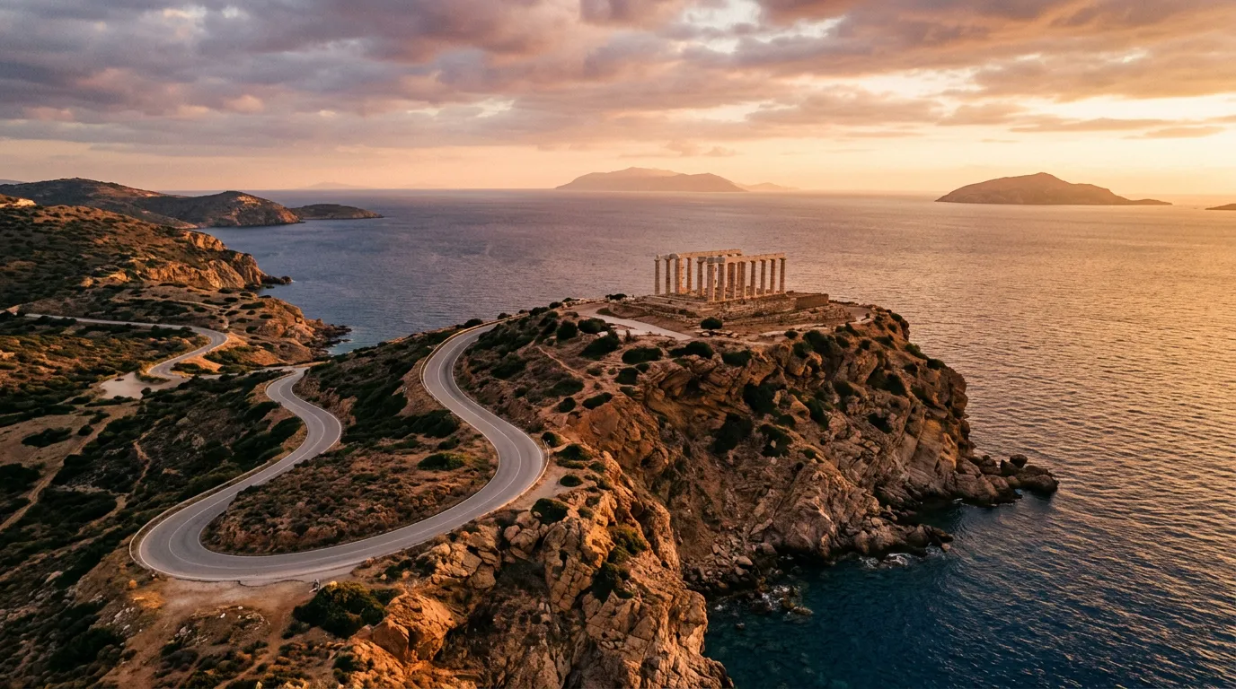 Świątynia Posejdona na Cape Sounion o złotej godzinie, dorycka kolumnada na klifie nad Morzem Egejskim, droga dojazdowa wijąca się wzdłuż wybrzeża, sandstone-indigo-terracotta palette, cinematic