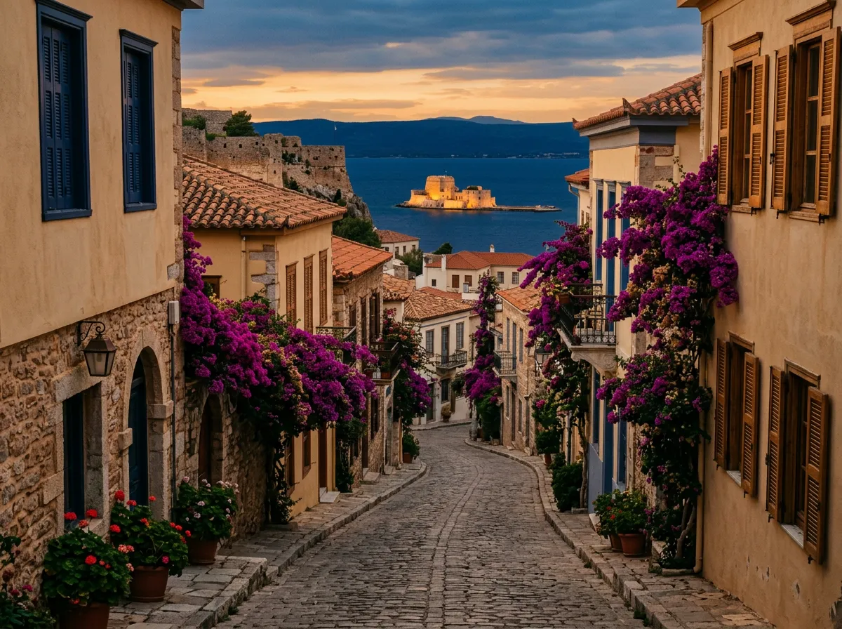 Stare miasto Nafplio na Peloponezie, weneckie fortyfikacje Bourtzi na wysepce w zatoce, uliczki z bugenwillami, warm golden hour, sandstone-indigo palette, cinematic