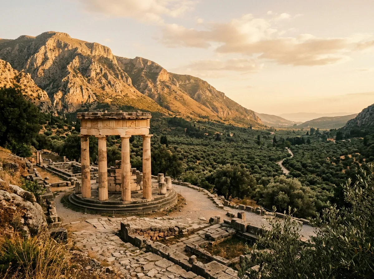 Archeologiczne stanowisko Delfy z doryckimi kolumnami Tholos w Athena Pronaia, górski krajobraz Parnas w tle, warm golden hour, olive grove valley, sandstone palette, cinematic