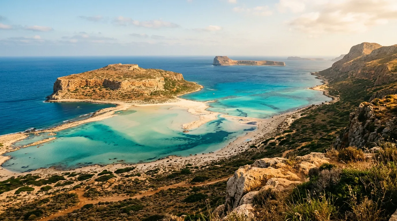 Laguna Balos na północno-zachodnim cyplu Krety widziana z góry, turkusowe płytkie wody i biały piasek między półwyspem Gramvousa a lądem, warm golden hour late morning, sandstone-indigo palette, cinematic, lookout over vast mediterranean lagoon