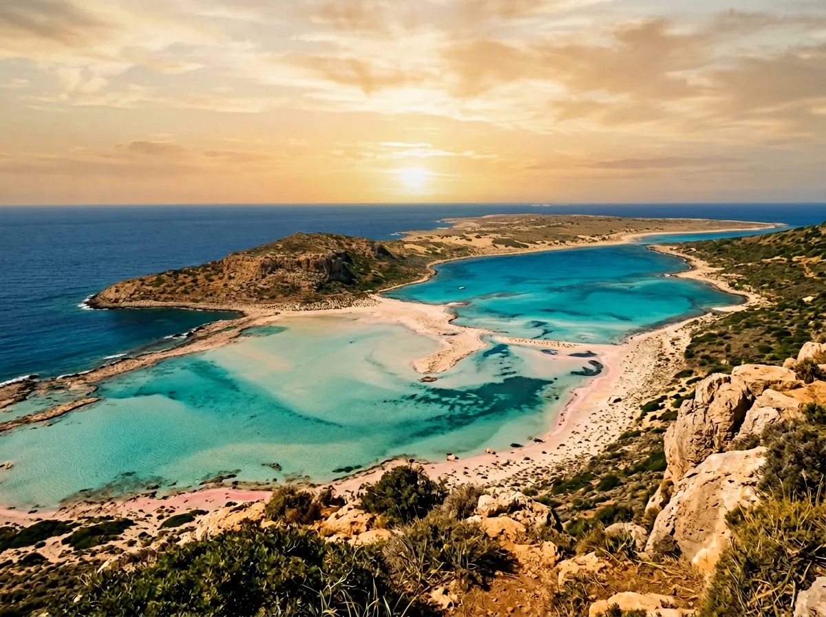 Plaża Elafonisi z różowym piaskiem i płytką turkusową laguną dzielącą Kretę od bezludnej wysepki, warm golden hour afternoon light, sandstone-indigo palette, cinematic, lookout over shallow lagoon