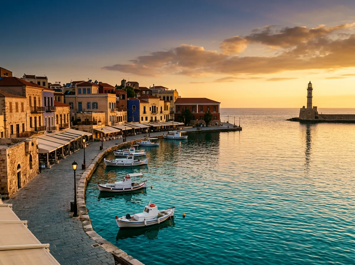 Wenecki port w Chanii o zachodzie słońca z latarnią morską Faros i turkusowymi wodami Morza Kreteńskiego, weneckie kamienice w tle, warm golden hour, sandstone-indigo-terracotta palette, architectural framing, cinematic