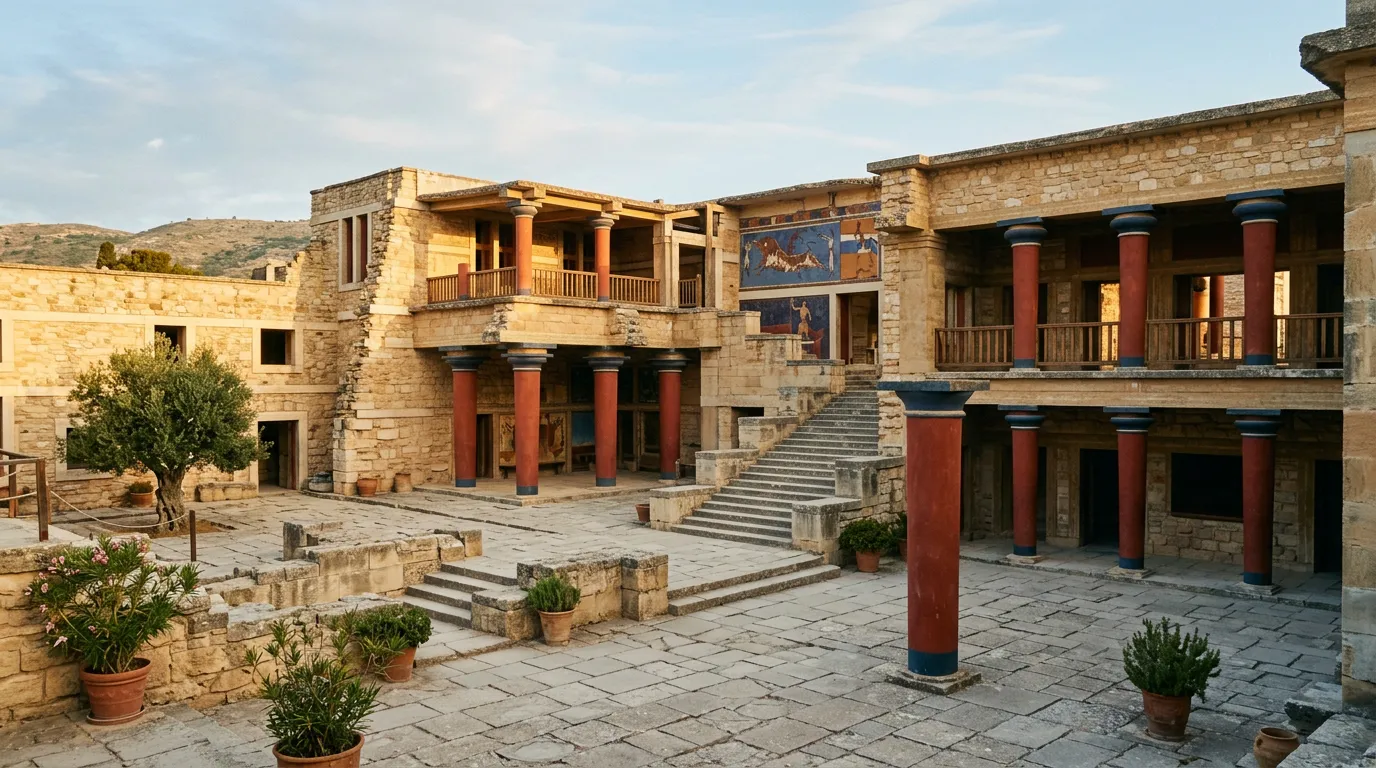 Pałac Minosa w Knossos z zrekonstruowanymi czerwonymi kolumnami fresków, centralny dziedziniec minojski o majowym poranku, warm golden cross-light, sandstone-indigo-terracotta palette, architectural framing, cinematic