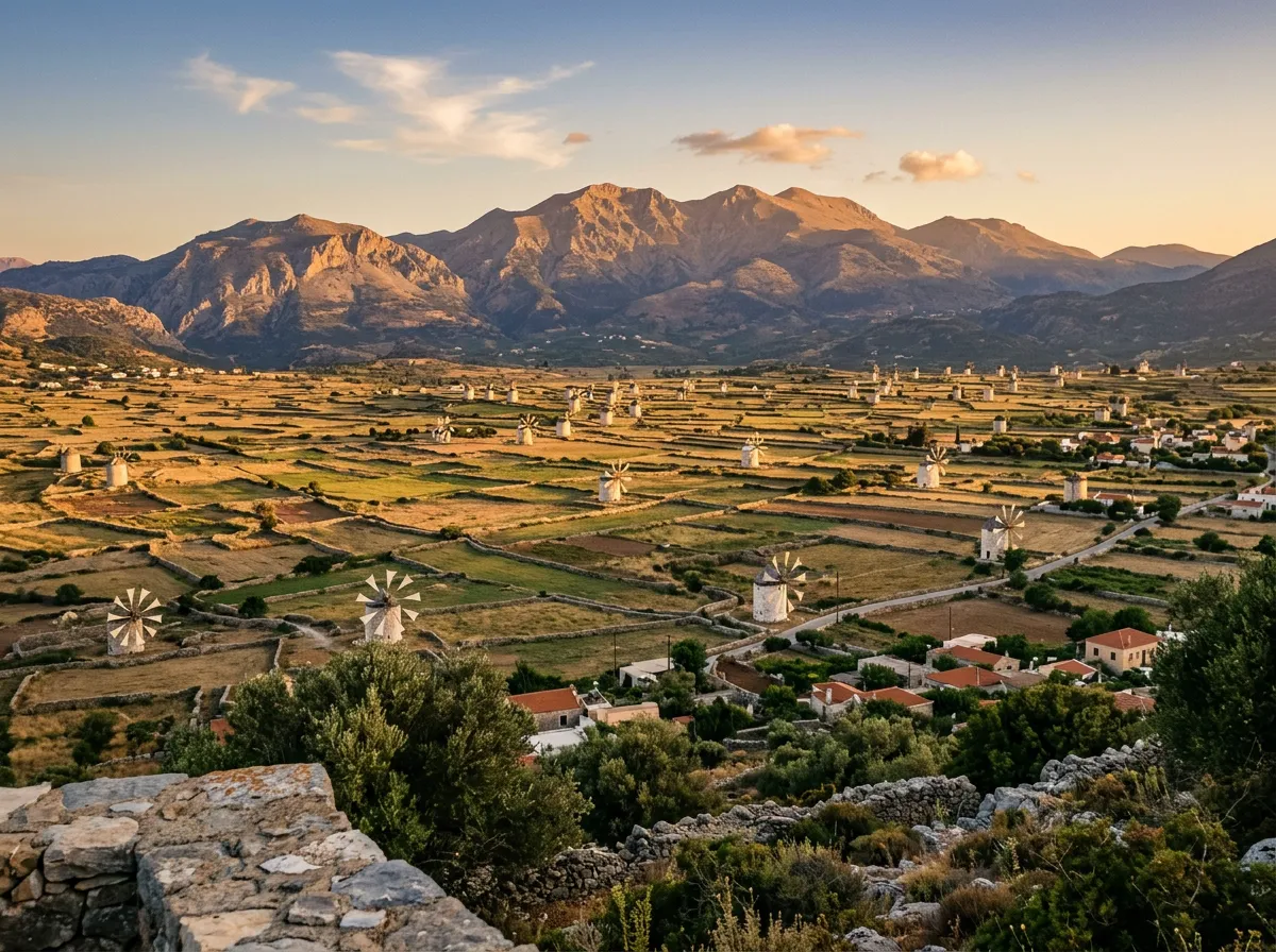 Płaskowyż Lasithi na Krecie z rozłożonymi kamiennymi polami i starymi wiatrakami w tle gór Dikti, warm golden hour, sandstone-indigo-terracotta palette, cinematic, lookout over vast mediterranean plateau