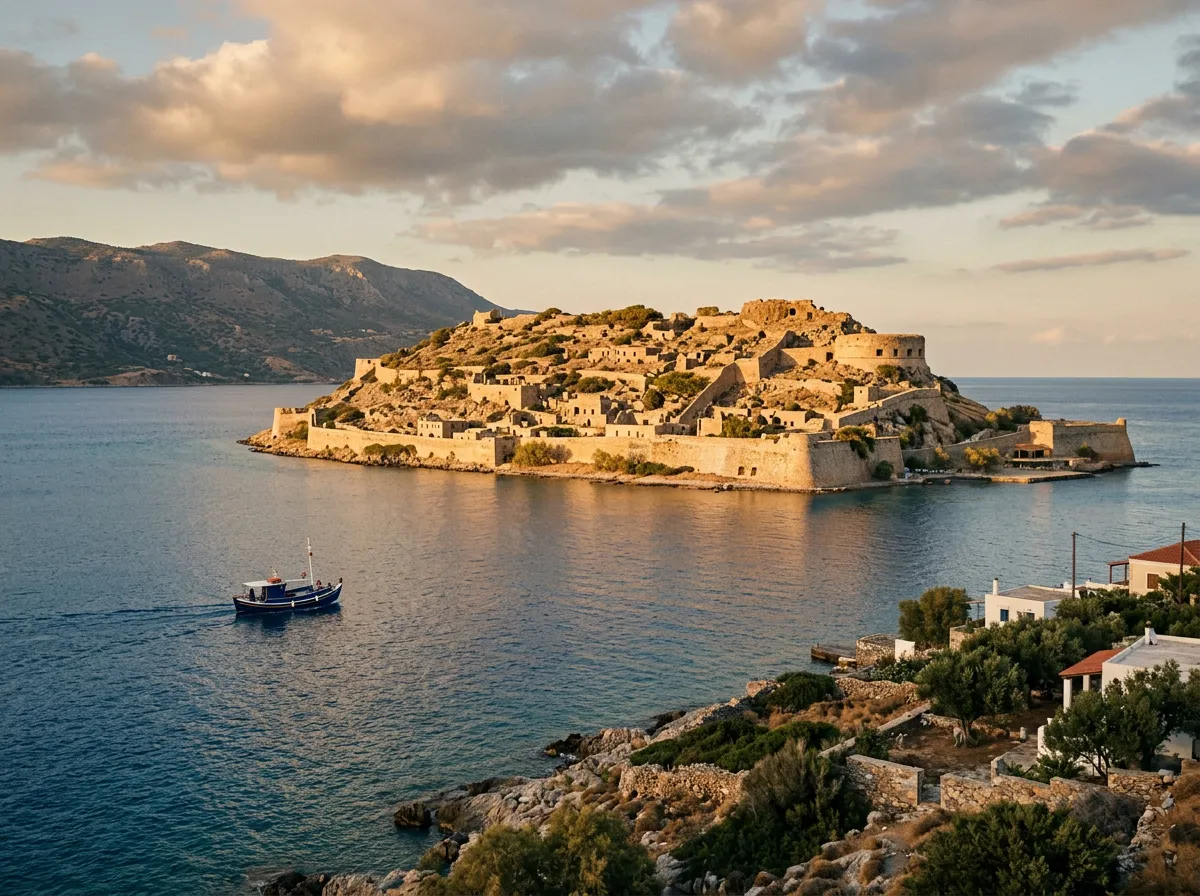 Wyspa Spinalonga z ruinami weneckiej fortecy widziana od strony Plaki na Krecie wschodniej, spokojne morze Kreteńskie w warm golden hour late afternoon, sandstone-indigo palette, cinematic, single small boat approaching