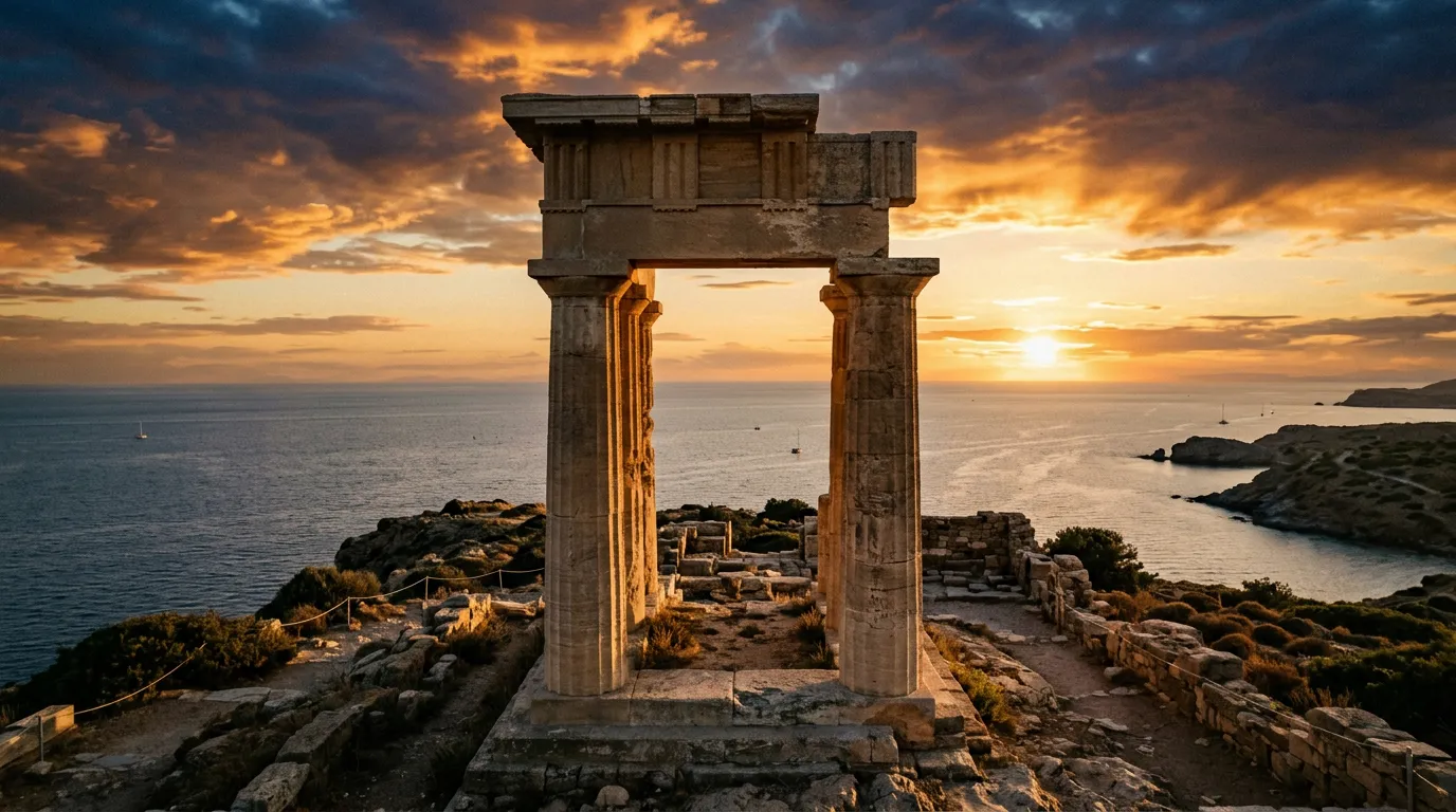 Dorycki portal świątyni Posejdona na Cape Sounion o zachodzie słońca, prosta trabeowana konstrukcja filarów i lintelu, Morze Egejskie w tle, warm golden hour, sandstone-indigo palette, cinematic