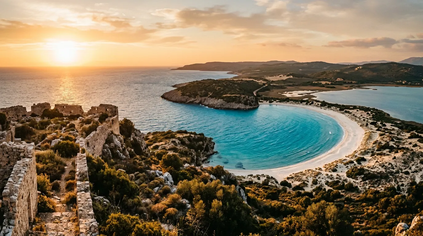 Plaża Voidokilia w kształcie omegi widziana z wzniesienia zamku Paleokastro, turkusowa zatoka i białe piaski półksiężyca na zachodnim wybrzeżu Peloponezu, warm golden hour, sandstone-indigo palette, cinematic
