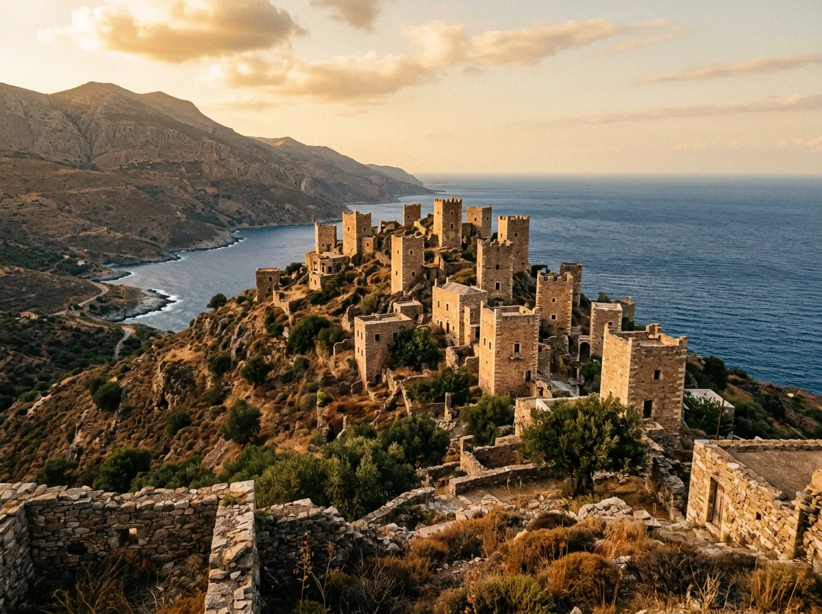 Kamienne wieże Mani w wiosce Vathia na południowym cyplu Peloponezu, surowe wapienne domy wśród wyschniętej ziemi, warm golden hour late afternoon, sandstone-indigo-terracotta palette, architectural framing, cinematic