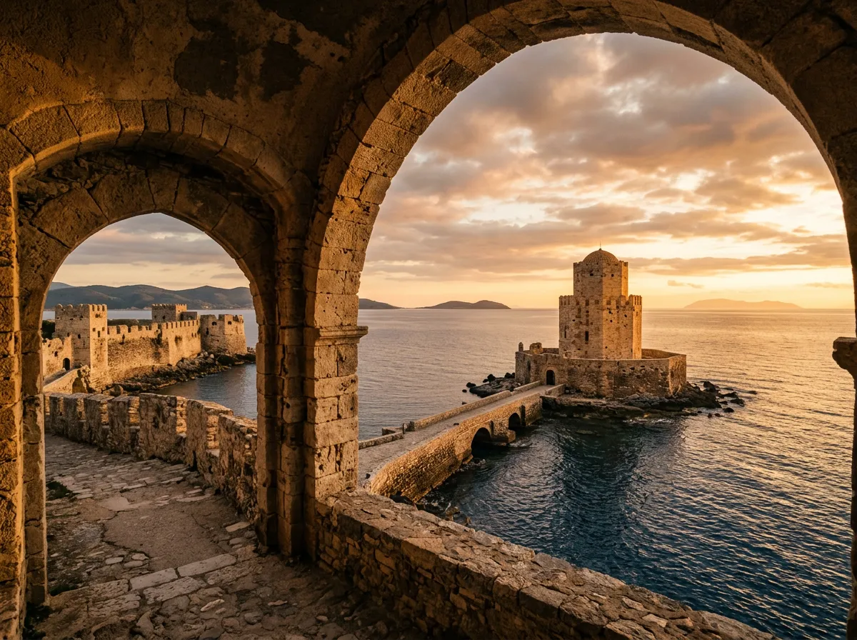 Wenecka twierdza Methoni z ośmiobocznym donżonem Bourtzi wchodzącym w Morze Jońskie, łuki średniowiecznej bramy na pierwszym planie, warm late afternoon light, sandstone-indigo palette, architectural framing, cinematic