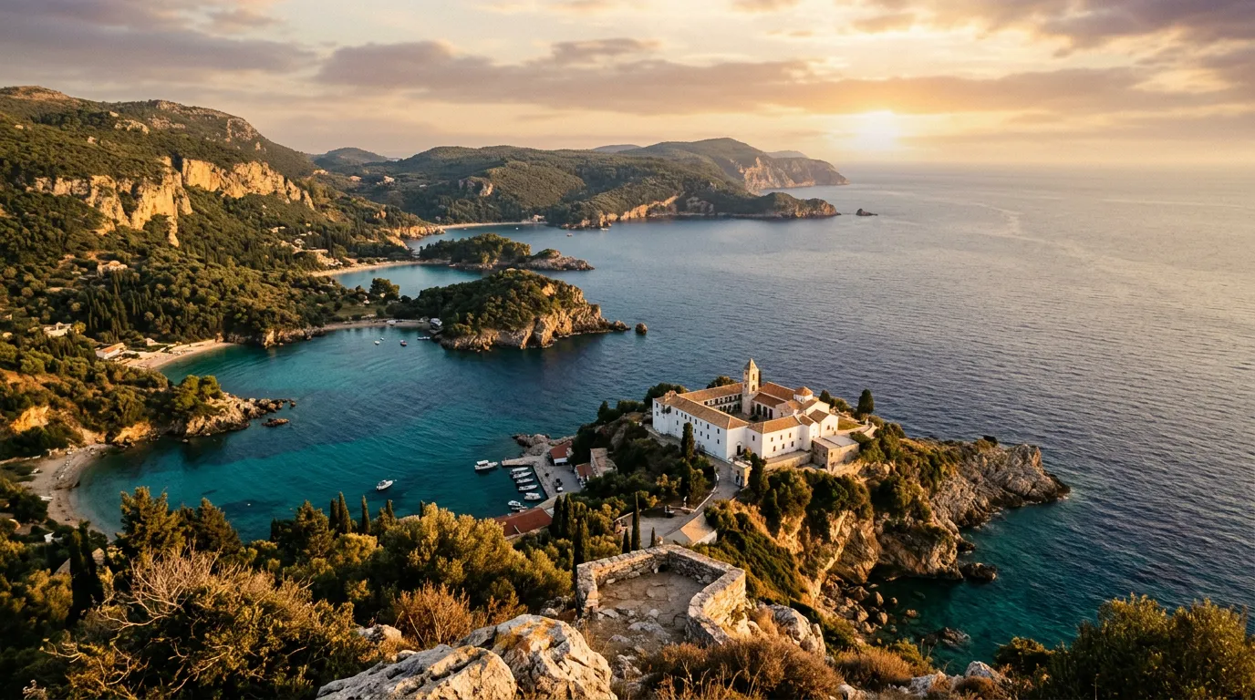 Zatoka Paleokastritsa na zachodnim wybrzeżu Korfu z sześcioma zatoczkami wchodzącymi w turkusowe Morze Jońskie, klasztor Zoodochos Pigi na cyplu, warm golden hour late afternoon, sandstone-indigo palette, cinematic, lookout over mediterranean coastline