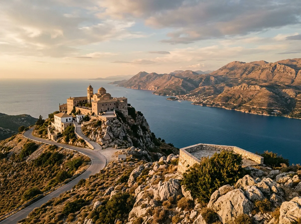 Góra Pantokrator z klasztorem na szczycie 906 m n.p.m., najwyższy punkt Korfu z widokiem na albańskie wybrzeże przez cieśninę, warm golden hour afternoon, sandstone-indigo palette, cinematic, lookout over two countries