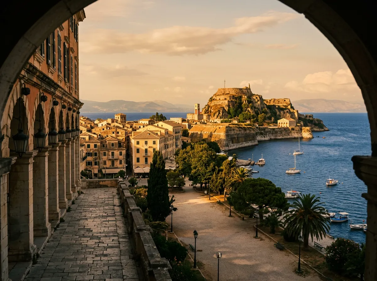 Weneckie stare miasto Kerkira na Korfu z Starą Fortecą nad Morzem Jońskim, arkady Liston i Esplanada w warm late afternoon light, sandstone-indigo-terracotta palette, architectural framing, cinematic