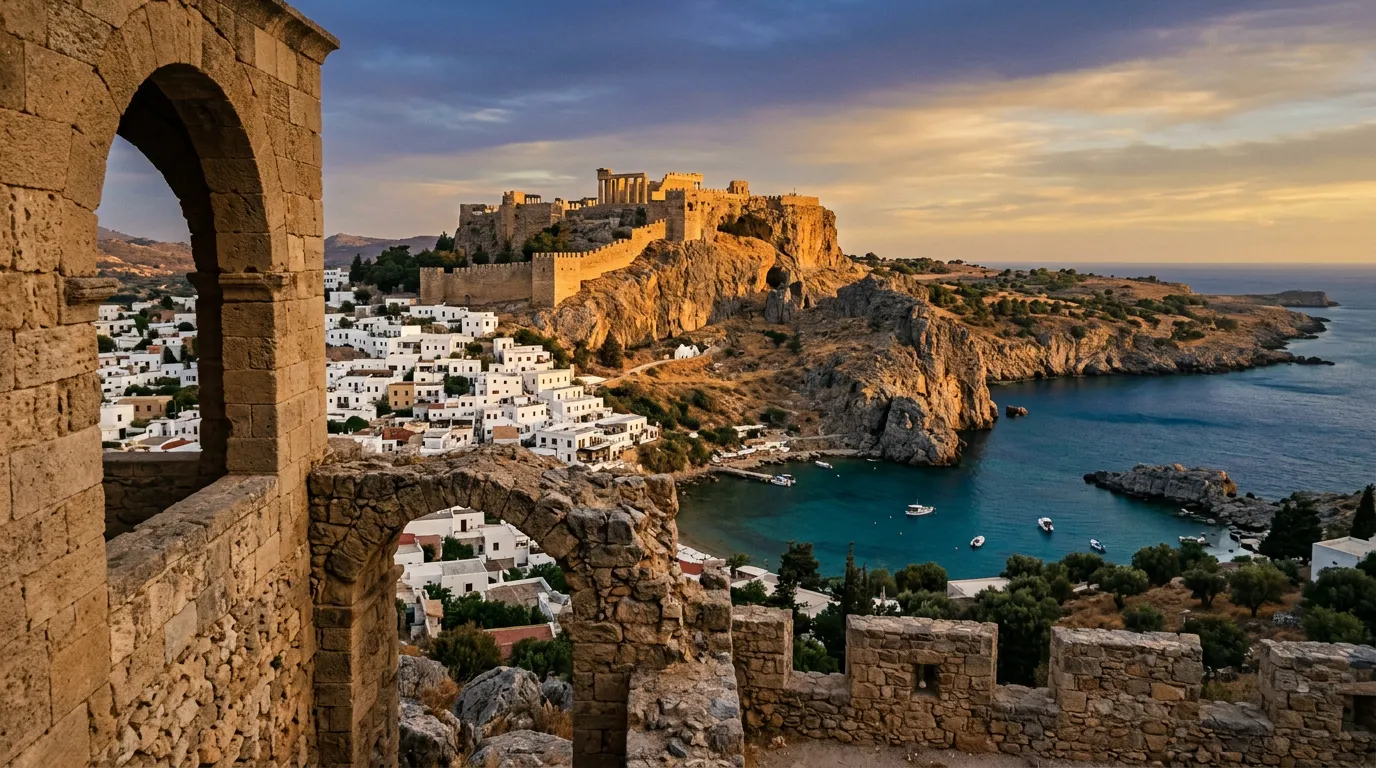 Akropol Lindos z doryckimi ruinami na szczycie skały górującej nad zatoką św. Pawła i białą wioską z trzech stron, warm golden hour late afternoon, sandstone-indigo palette, architectural framing, cinematic, lookout over mediterranean bay