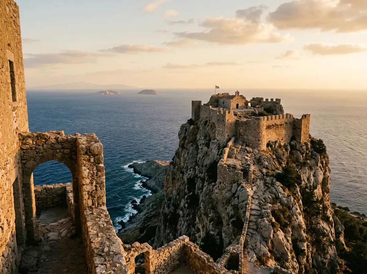 Zamek Monolithos na 236-metrowej skale nad Morzem Egejskim na zachodnim wybrzeżu Rodos, kamienne ruiny kawalerów Rodyjskich na szczycie urwiska, warm golden cross-light, sandstone-indigo palette, architectural framing, cinematic