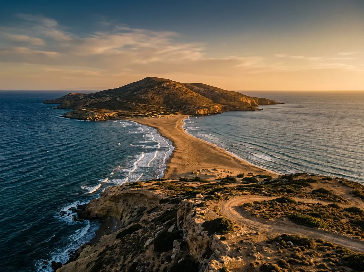 Plaża Prasonisi na południowym cyplu Rodos z piaszczystym przesmykiem oddzielającym Morze Egejskie od Libijskiego, dwie strony wyspy dwóch mórz, warm late afternoon golden light, sandstone-indigo palette, cinematic, lookout over two seas